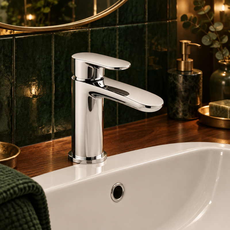 Polished chrome basin mixer tap installed on a white basin against deep green glazed tile and a walnut vanity with warm lighting