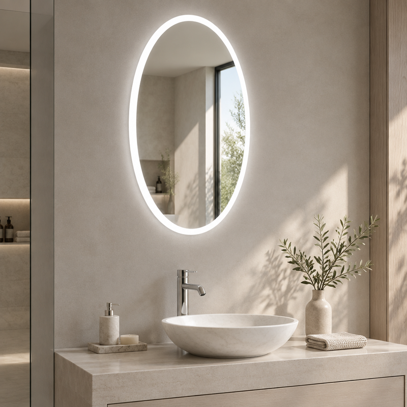 Tall oval illuminated bathroom mirror with bright white edge above a basin