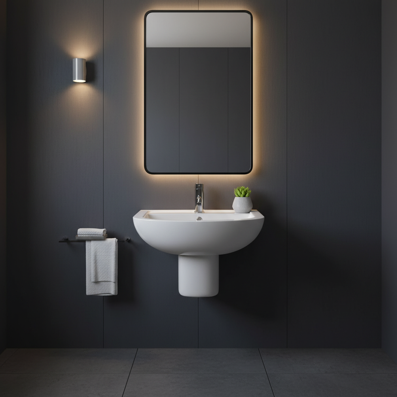 Kartell Studio Round 550mm basin with semi-pedestal styled in a luxury cloakroom setting