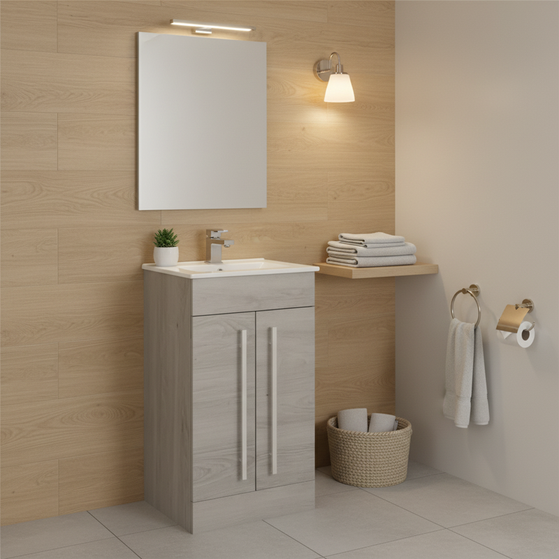 Light grey wood-effect two door floor-standing vanity unit with basin in a natural bathroom setting