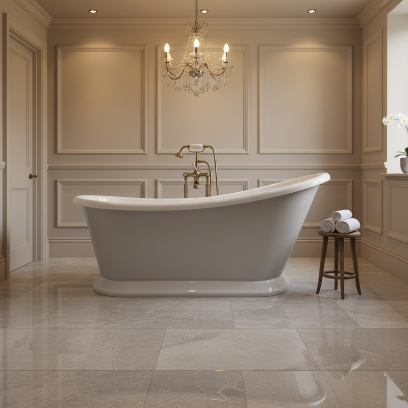 Bayswater 1700mm Plummett Grey freestanding slipper bath in a luxury traditional bathroom setting