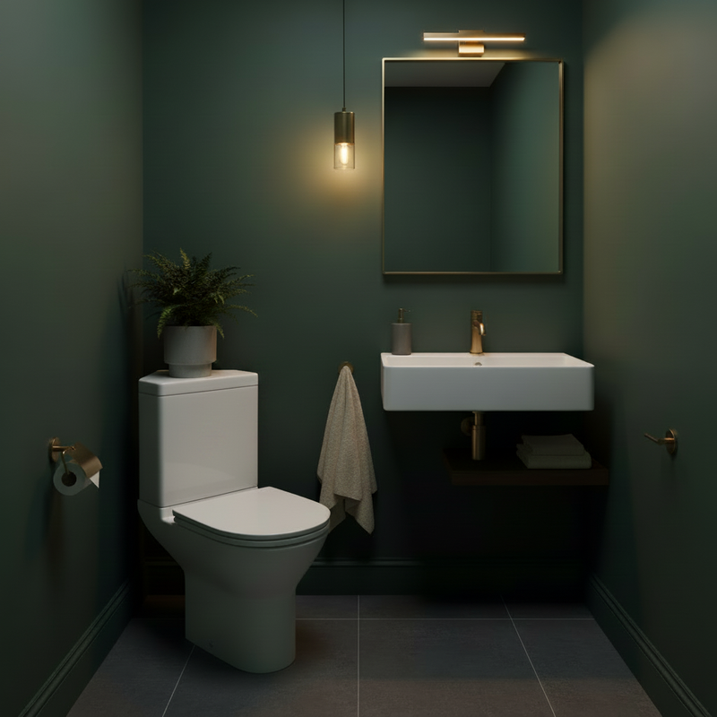 Kartell Project Round white close-coupled WC with corner cistern in a moody luxury cloakroom bathroom