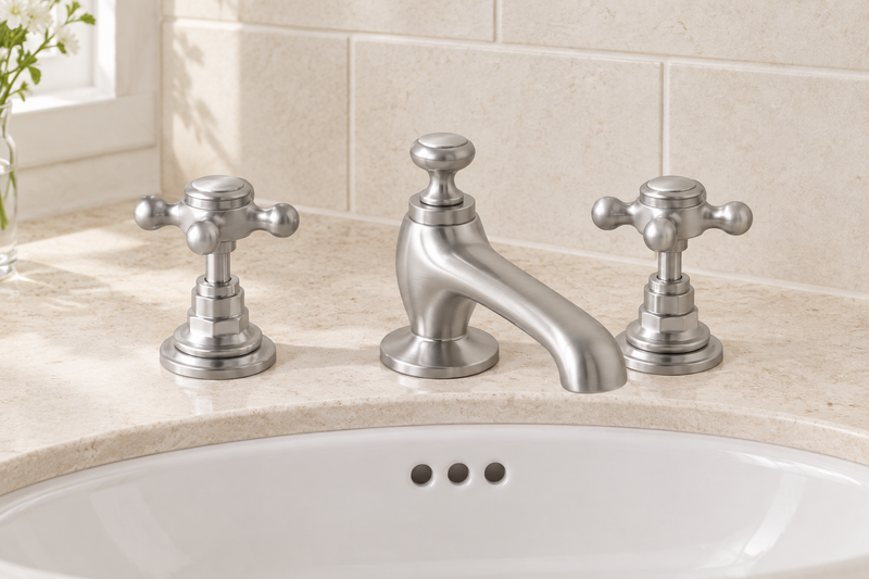 BC Designs Victrion brushed chrome three-hole crosshead basin mixer on a white basin with pale limestone counter