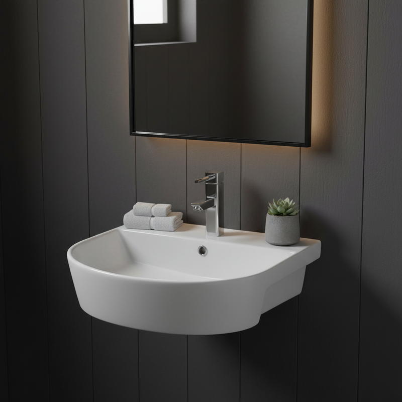 Kartell Kameo 560mm semi-recessed basin wall-mounted in a luxury cloakroom setting