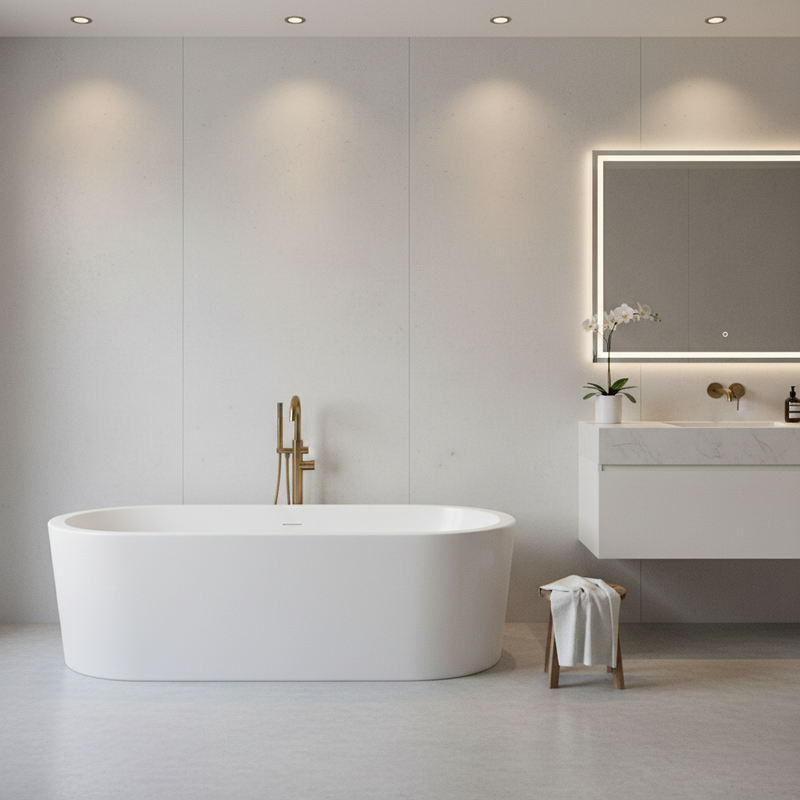 BC Designs Plazia white matte oval freestanding bath in a minimalist micro-cement luxury spa bathroom setting with brushed brass accents