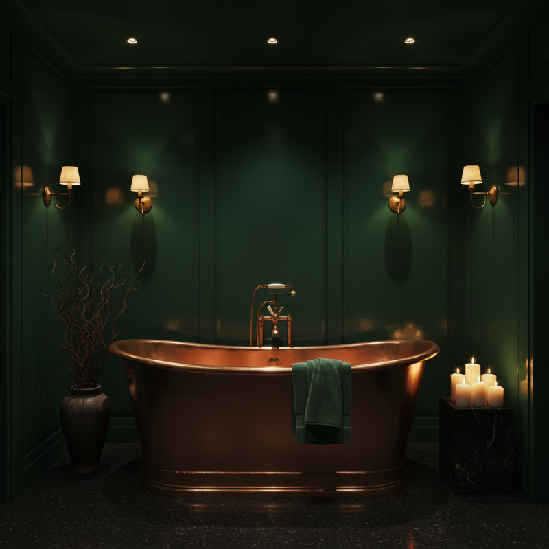 BC Designs polished copper freestanding boat bath in a dramatic dark forest green luxury bathroom setting