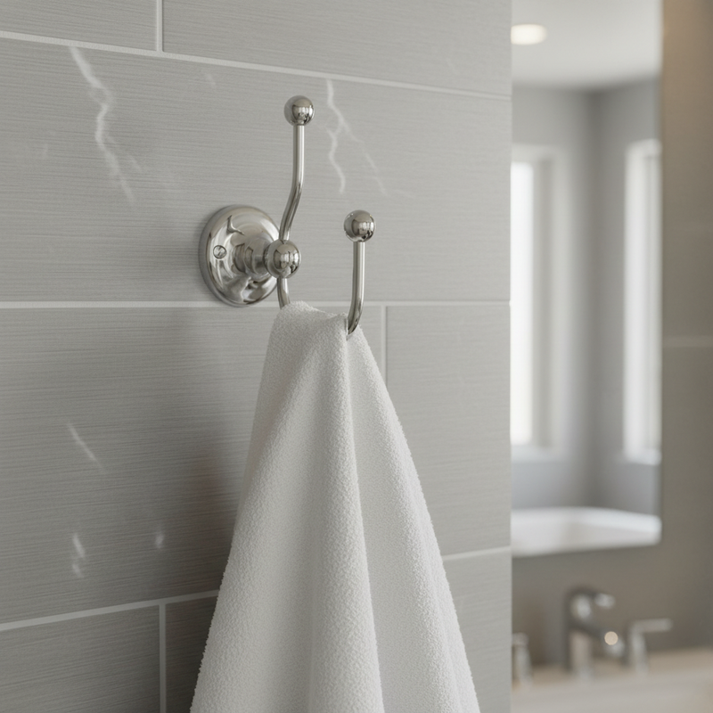 Bayswater chrome double robe hook with towel draped on one hook