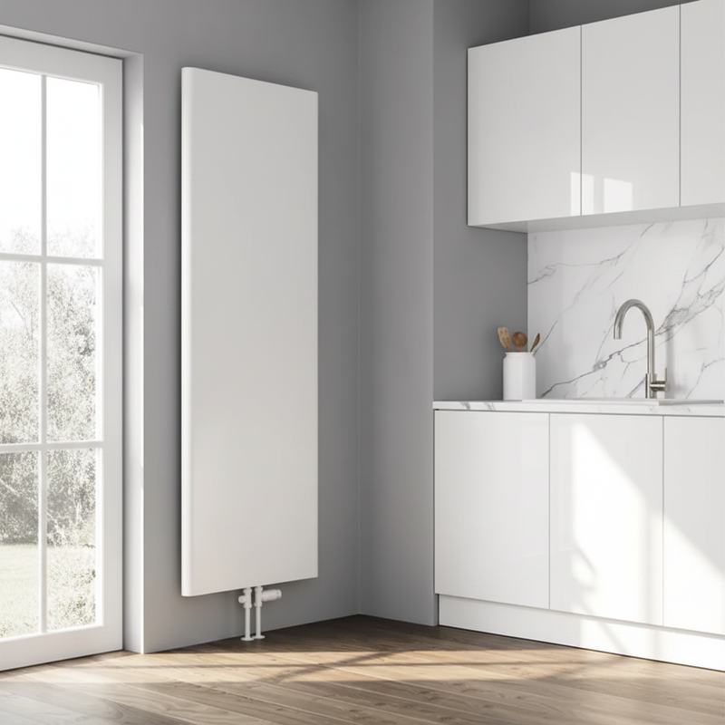 Reina Borda White vertical designer radiator in a luxury marble bathroom setting