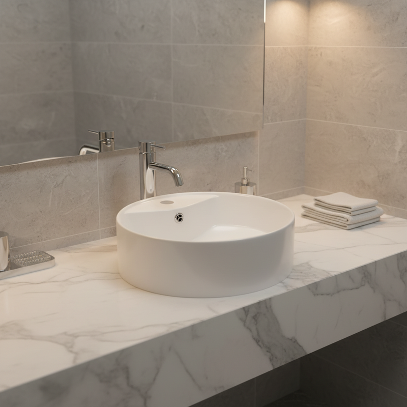 White round circular countertop basin with chrome tap on marble bathroom counter