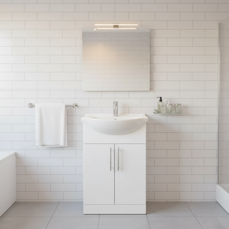 White gloss floor-standing vanity unit with basin in a classic bathroom setting