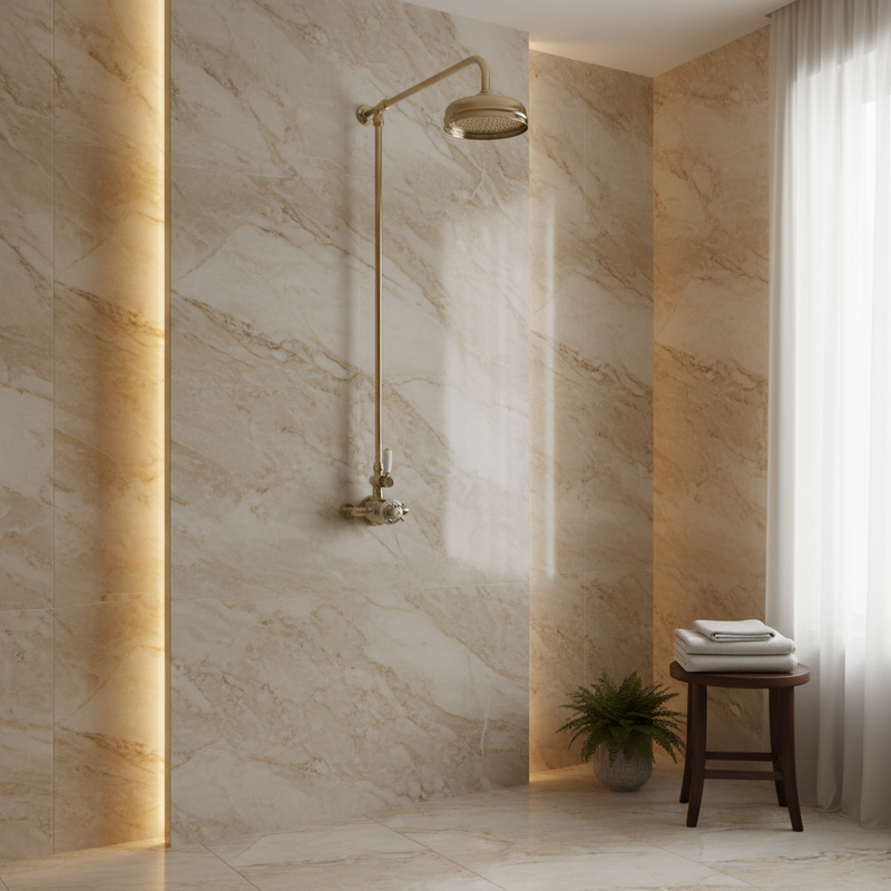 Traditional exposed thermostatic shower column in antique brass in a luxury marble bathroom