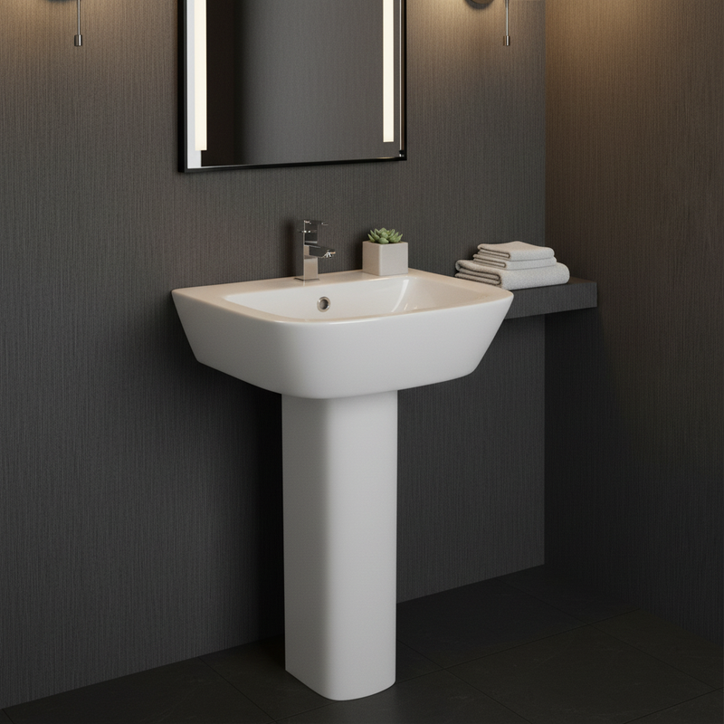 Kartell Project Round 530mm basin with full pedestal styled in a luxury cloakroom setting