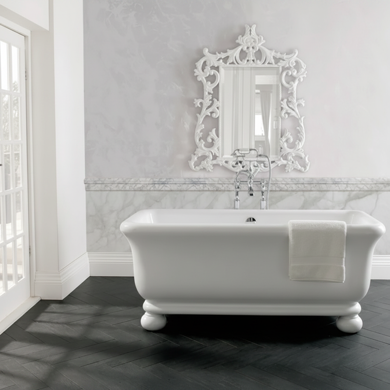 Classic white freestanding traditional bath with ornate bun feet in an elegant bathroom setting