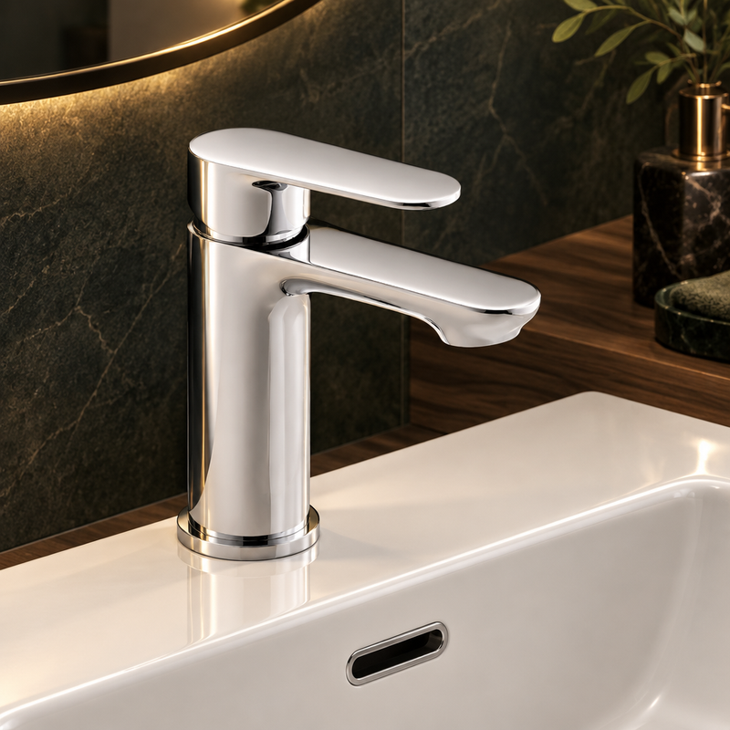 Kartell Mirage chrome mono basin mixer tap installed on a white basin against dark bathroom tile and wood accents