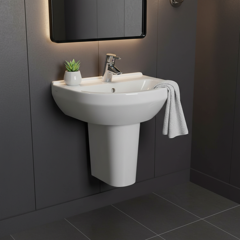 Kartell Style basin with semi-pedestal styled in a luxury cloakroom setting
