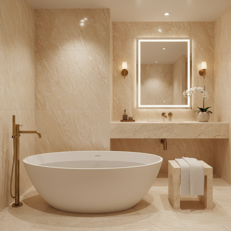 BC Designs Esseta white solid surface freestanding oval bowl bath in a warm travertine marble luxury spa bathroom setting