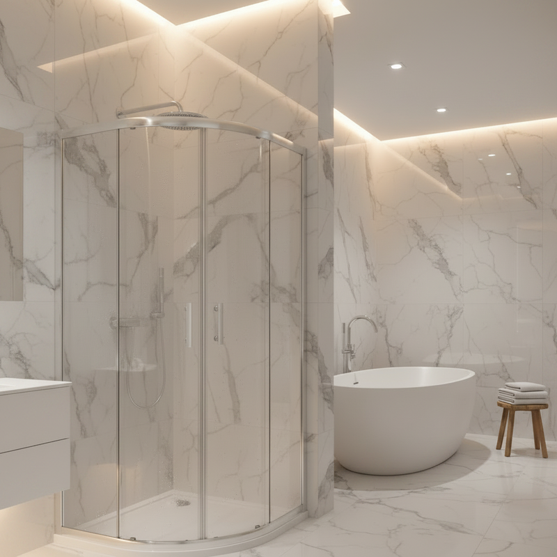Quadrant shower enclosure in luxury marble bathroom setting