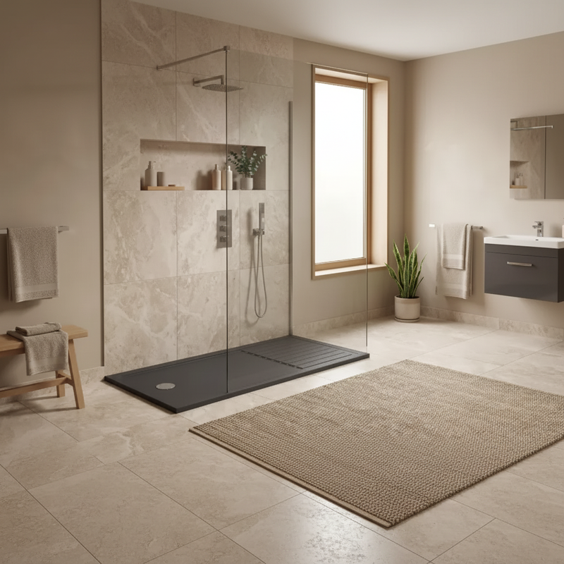 Hydro45 1400 x 800mm white rectangular walk-in shower tray in a contemporary beige bathroom with frameless glass panel