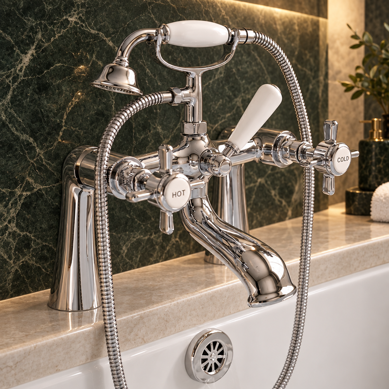 Traditional chrome bath shower mixer with white ceramic HOT and COLD handles, riser, shower head and handheld hose against dark veined stone