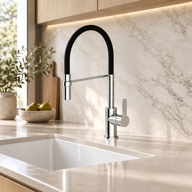 Methven Ellesmere Flexi chrome sink mixer with black pull-down spout at a stone kitchen sink against pale marble and light-oak cabinetry
