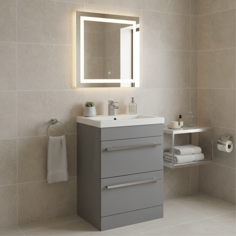Kartell Matrix 1100mm storm grey gloss L-shaped vanity unit with two drawers in a contemporary designer bathroom