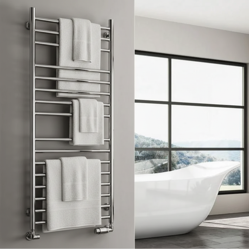 Reina Luna polished stainless steel straight heated towel rail in a luxury marble bathroom setting