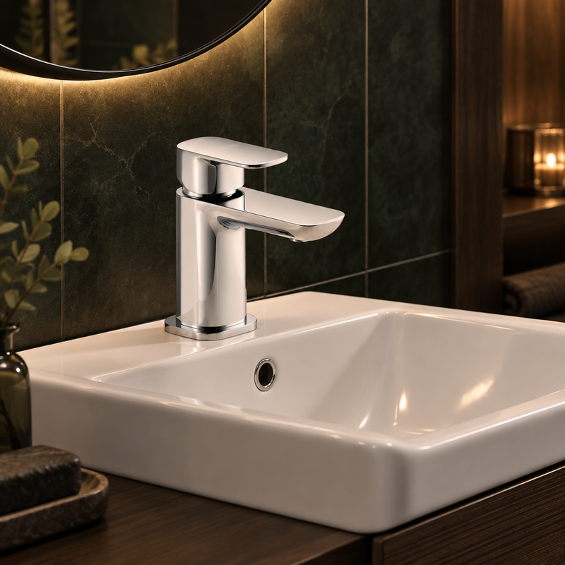 Kartell Visage polished chrome mini basin mixer installed on a white basin against dark charcoal tile and wood accents