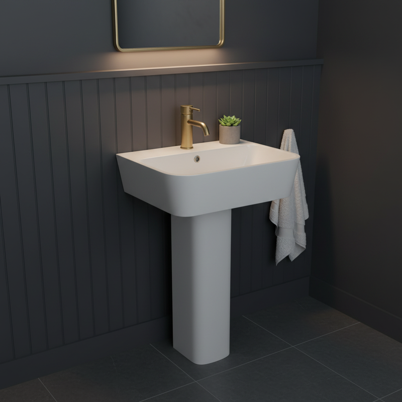Kartell Genoa Square 550mm Basin styled in a luxury cloakroom setting