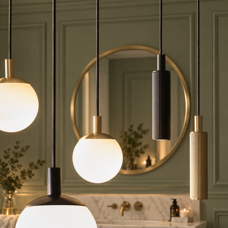 Iona fluted and globe bathroom pendant lights against a sage green panelled wall