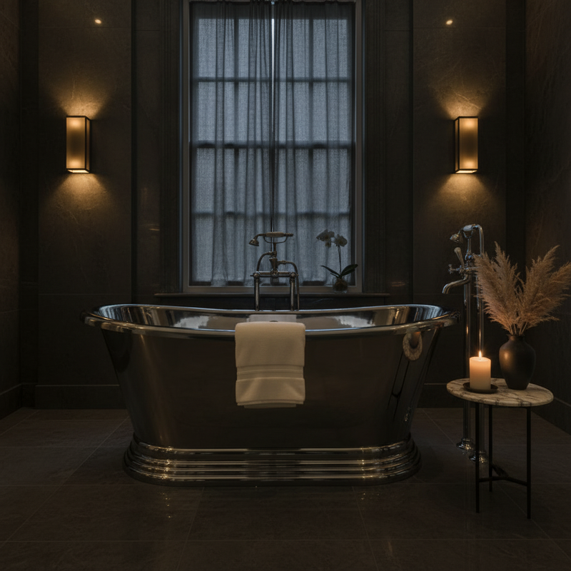 BC Designs Traditional Nickel Boat Bath in a moody dark luxury bathroom setting