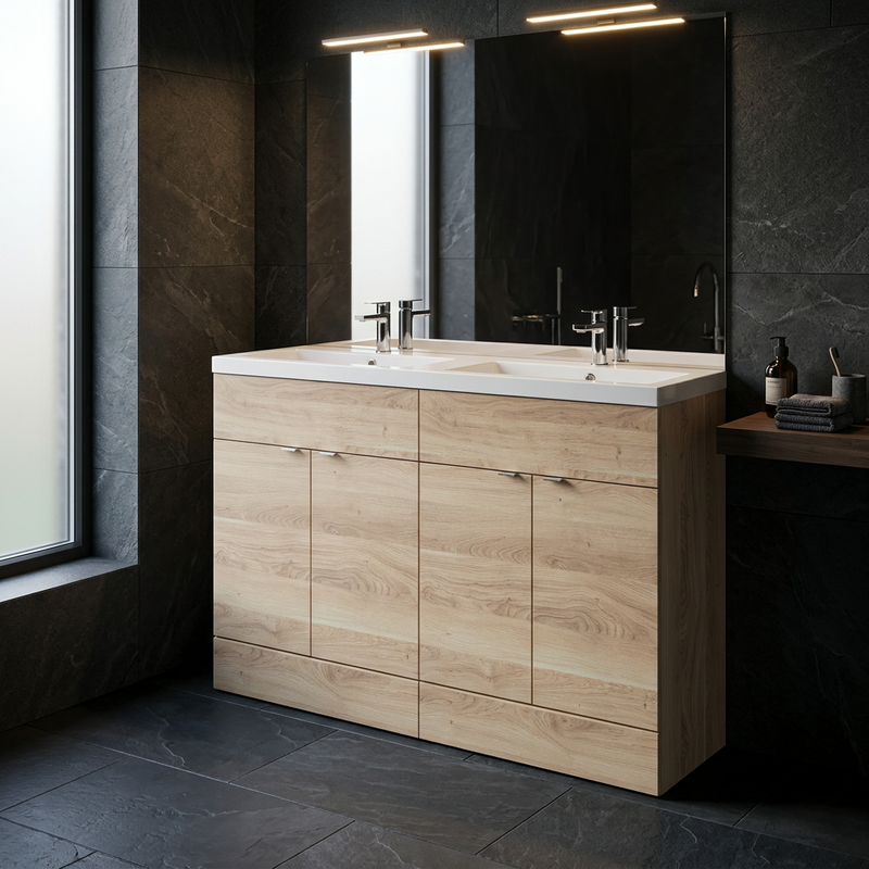 Light woodgrain double basin vanity in a darker charcoal bathroom setting