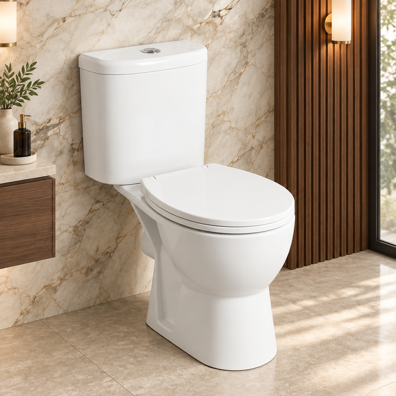 White close-coupled toilet with chrome push button in a designer bathroom with marble and warm wood