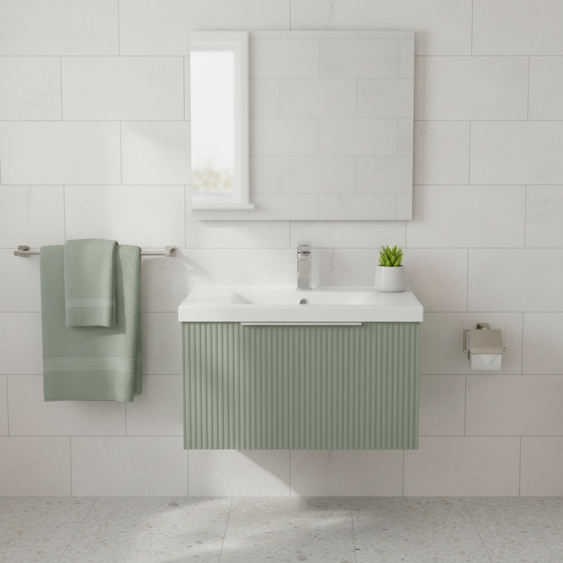 Hudson Reed sage green ribbed wall-hung single drawer vanity unit with integrated ceramic basin and chrome tap styled in a bright contemporary designer bathroom