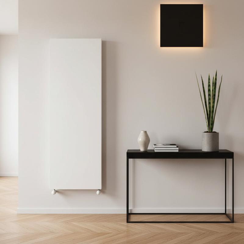 White flat panel vertical radiator mounted on wall in a minimalist designer living room or hallway