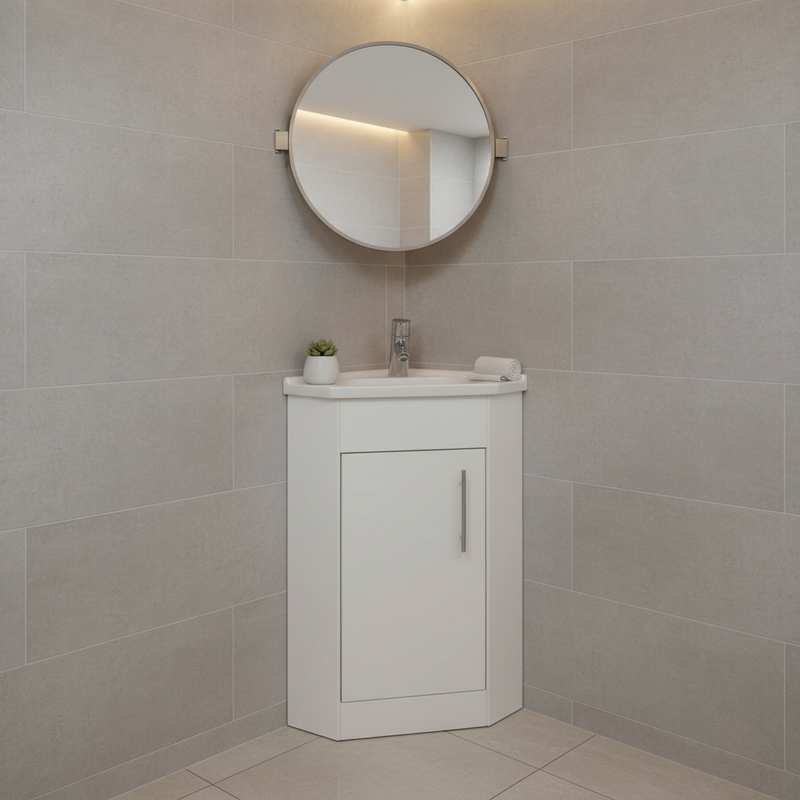Corner vanity unit with basin in a cloakroom bathroom setting