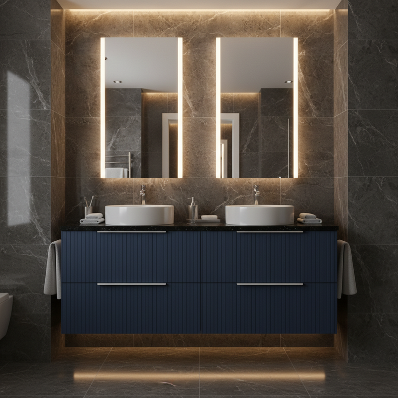 Hudson Reed navy blue ribbed wall-hung 4 drawer vanity unit with black marble worktop and twin white vessel basins with chrome taps styled in a dramatic dark designer master bathroom