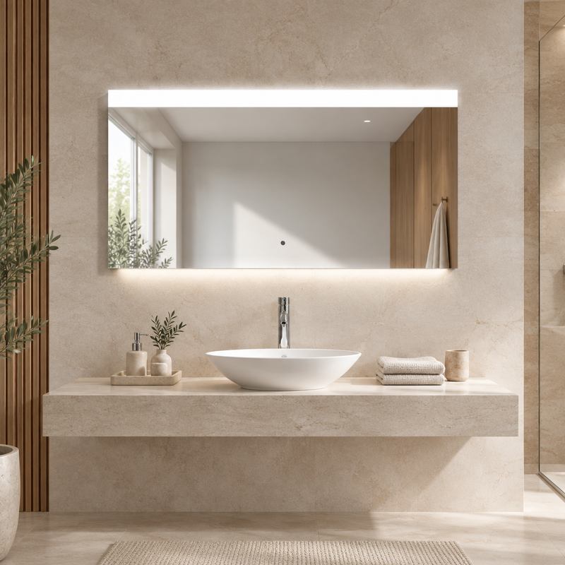 Kartell Tresham 600 x 1200mm landscape mirror with bright white top bar and lower basin lighting