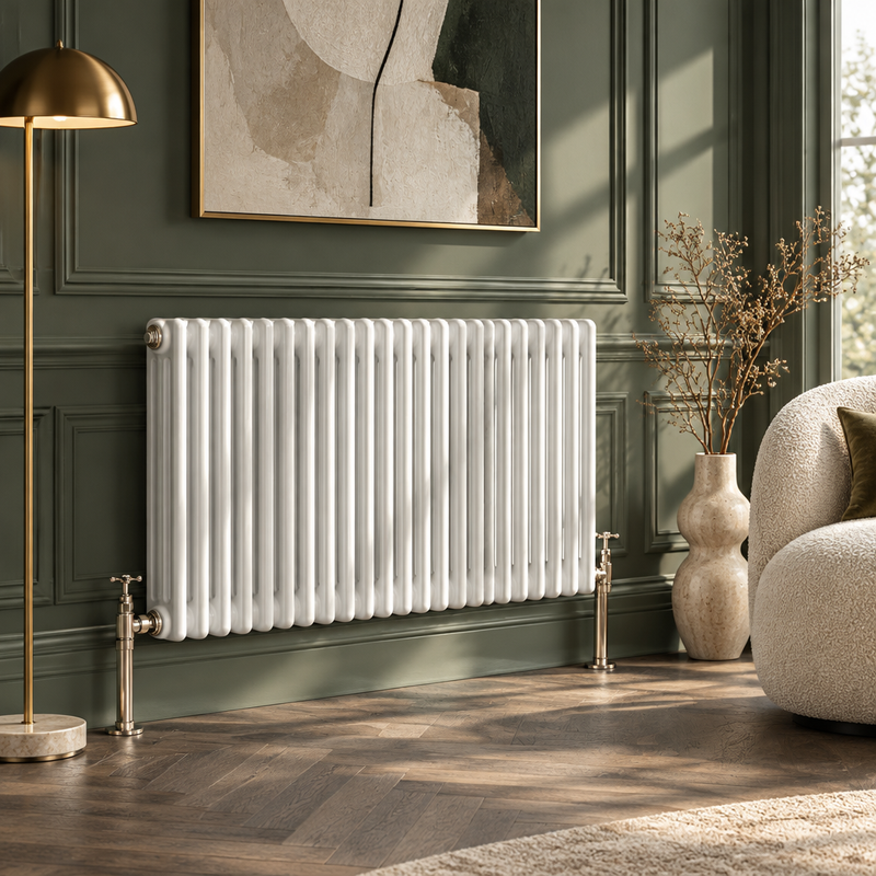 White horizontal column radiator in a sage green designer living room
