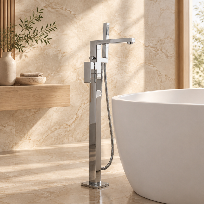 Chrome floor-standing Kartell Pure bath shower mixer beside a white freestanding bath against warm champagne limestone with light-oak accents
