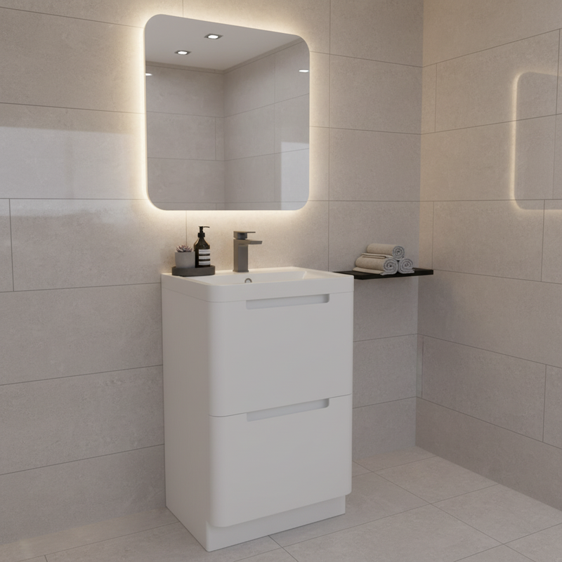 White gloss floor-standing vanity unit with basin in a modern bathroom setting