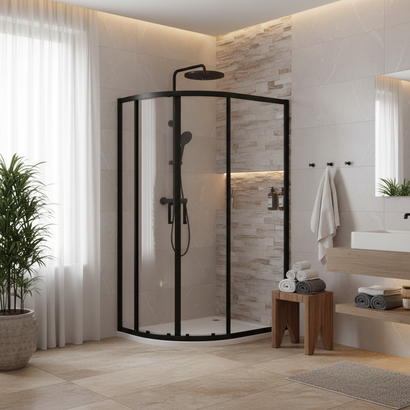 Nuie Lucie matt black shower enclosure in luxury bathroom setting