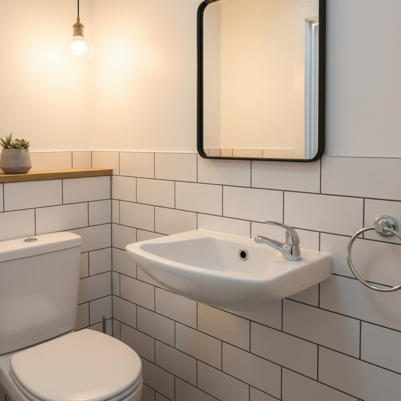 White wall-hung D-shaped cloakroom basin with single chrome mono tap installed in a stylish compact cloakroom with white subway tiles