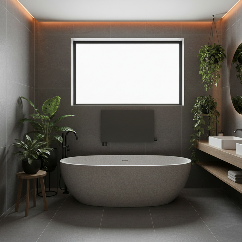 Reina Slimline Anthracite horizontal designer radiator as centrepiece in a luxury dark bathroom setting