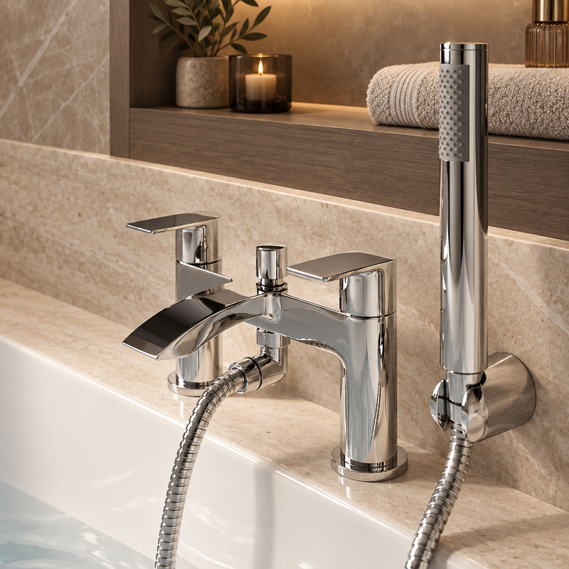 Chrome square bath shower mixer with handheld shower and hose against warm taupe limestone, pale travertine and soft architectural lighting