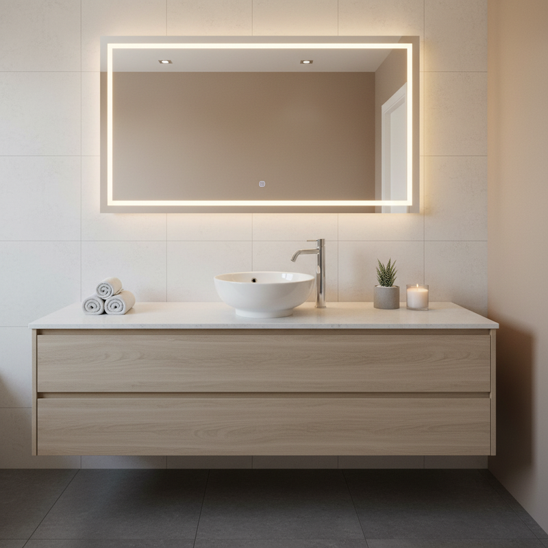 Nuie Lux round basin on modern bathroom vanity