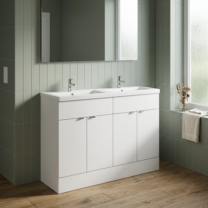 White double basin vanity in a sage-green tiled bathroom setting