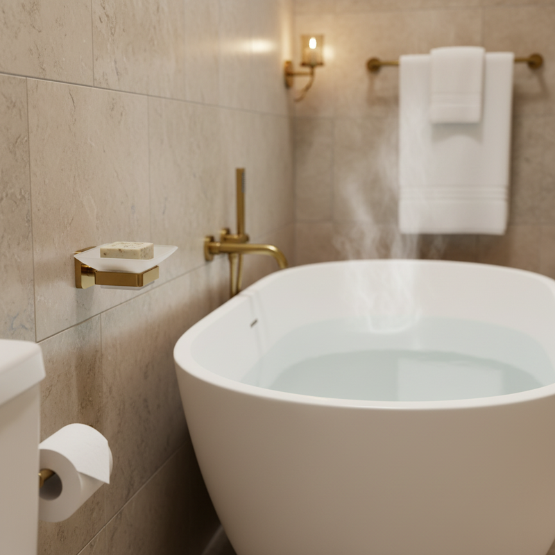 Trisen Brushed Brass Soap Holder With Glass Dish mounted on wall next to a freestanding bath