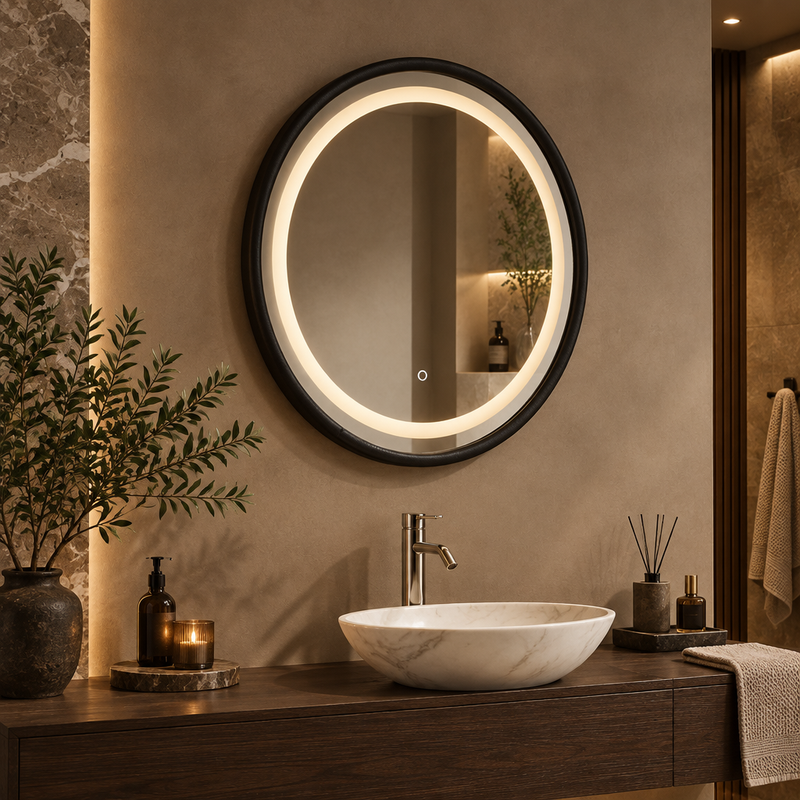 Black-framed oval illuminated bathroom mirror in a warm designer bathroom setting