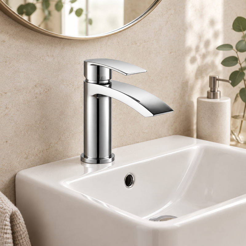 Kartell Curve Mini polished chrome single-lever basin mixer installed on a compact white ceramic washbasin