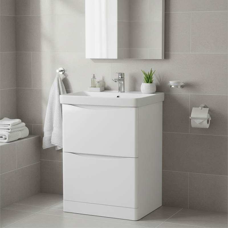 Kartell Arc 600mm gloss white floor standing two drawer vanity unit with curved drawers and ceramic basin styled in a bright designer bathroom